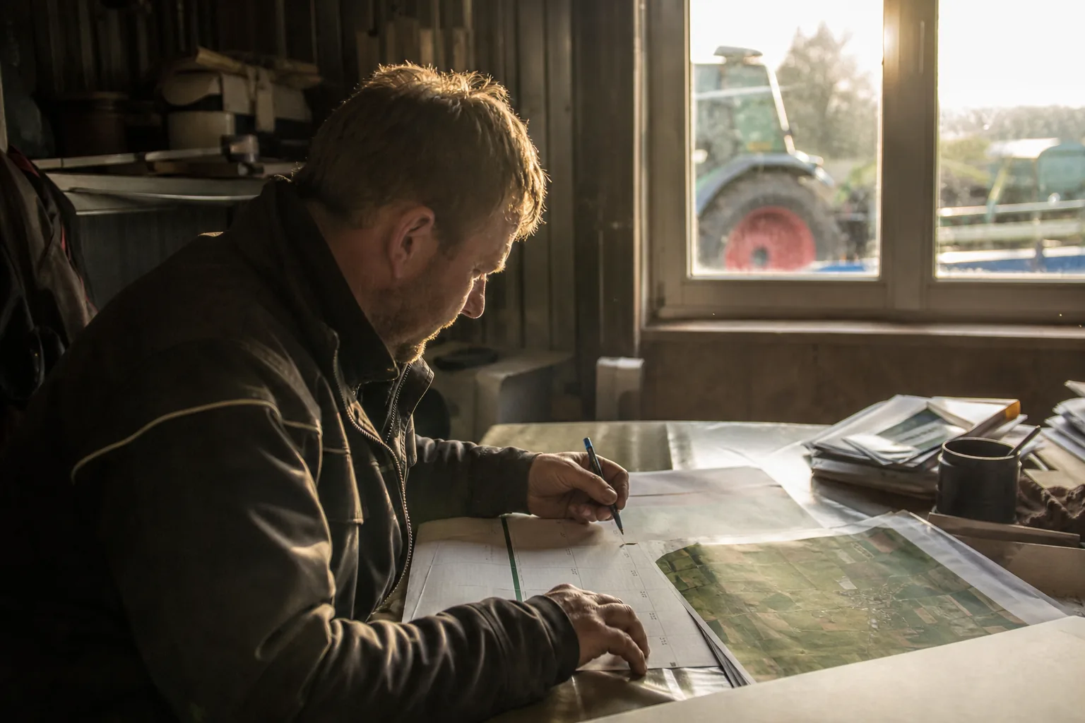 Landwirt trägt Düngetermine in einen Kalender neben einer Schlagkarte ein
