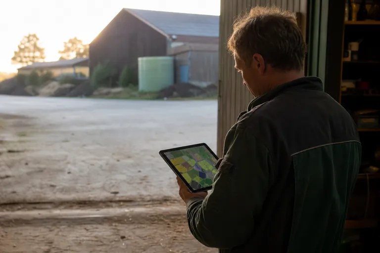 Landwirt prüft eine digitale Karte mit abgegrenzten landwirtschaftlichen Flächen