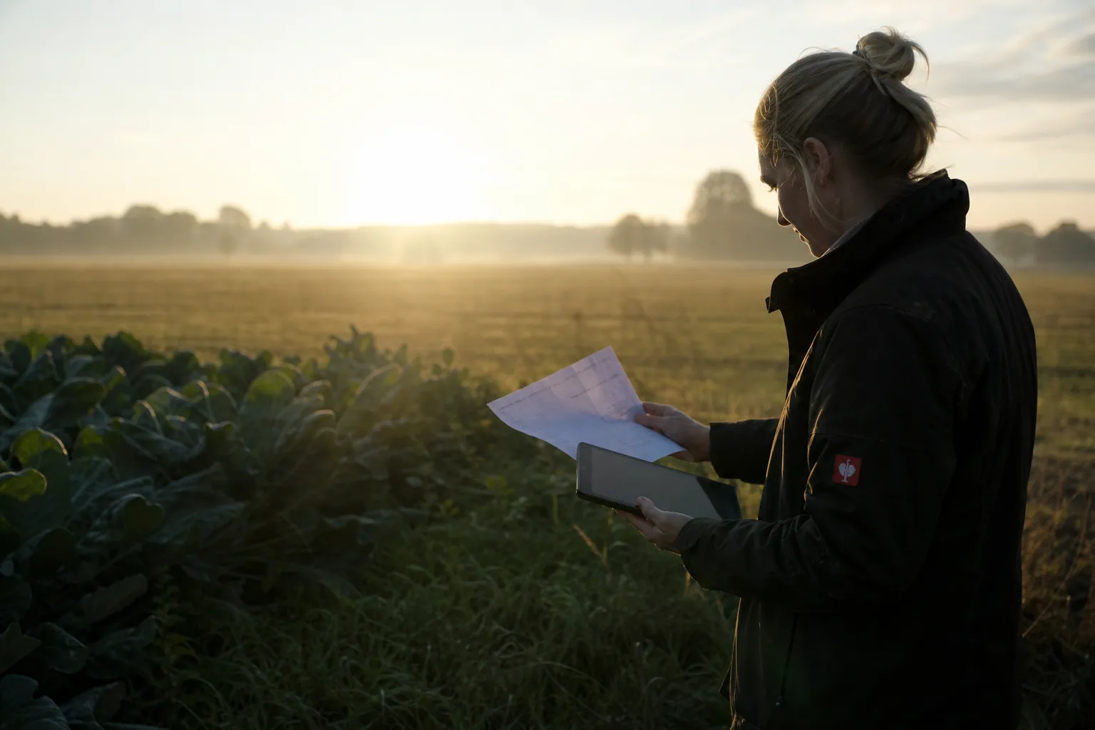 Landwirtin prüft am Feldrand Nährstoffangaben und eine digitale Schlagliste