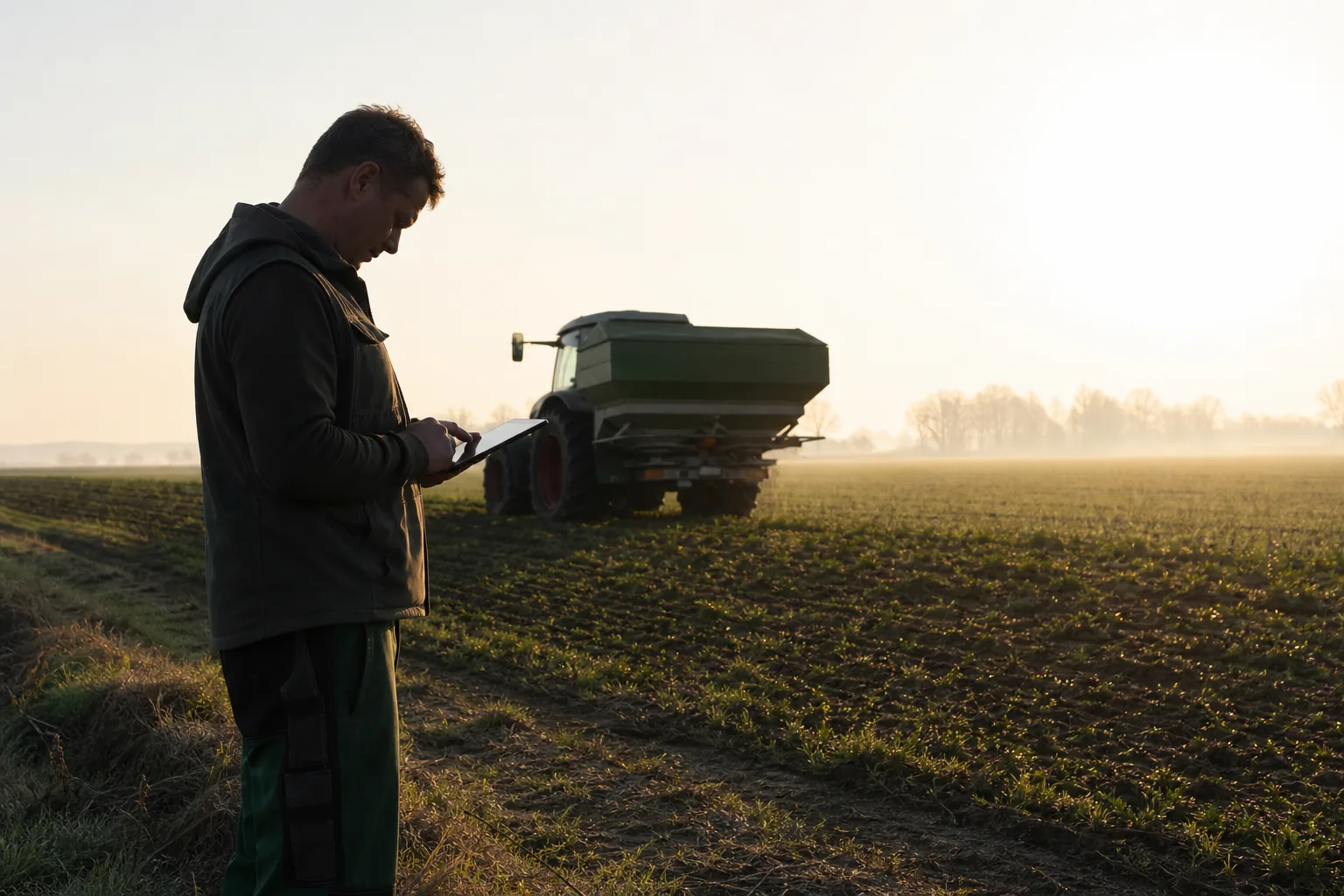 Landwirt prüft Düngedaten auf einem Tablet am Feldrand